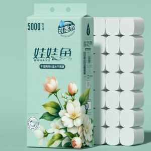 Stack of premium toilet paper rolls made from 100% virgin pulp