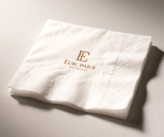 Branded paper napkin with a logo for a European restaurant