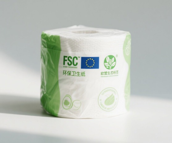 Biodegradable toilet paper packaging featuring FSC and EU Ecolabel logos
