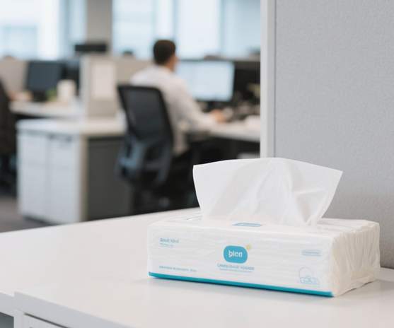 Employee using high-quality tissues in an office environment.