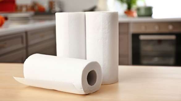 A kitchen towel being used to wipe a spill in a busy restaurant kitchen.
