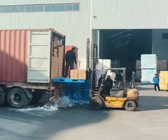Container being loaded with toilet paper products for transport