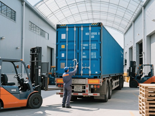 Workers loading rolls of toilet paper into a shipping container