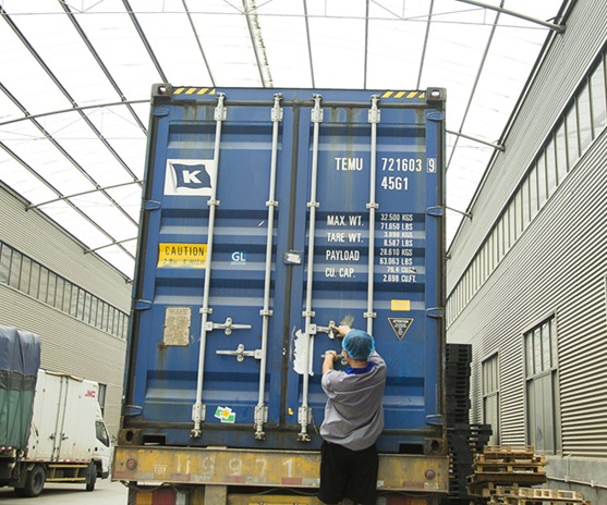 Workers loading rolls of toilet paper into a shipping container