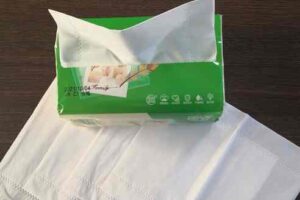 White soft facial tissue in a branded hotel box for hygiene use