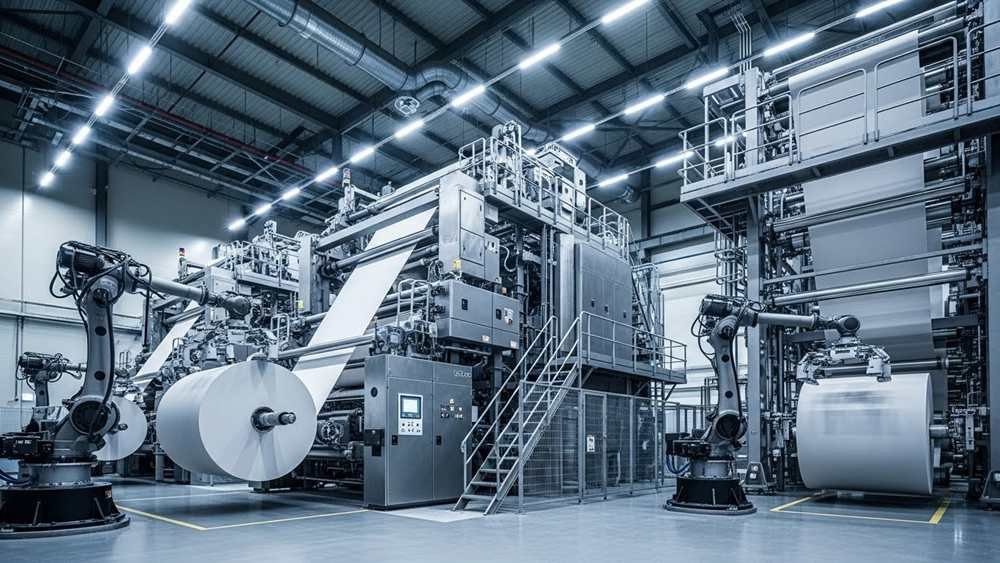 High-speed converting machinery in a hygiene-products factory where diaper lines and tissue lines are different equipment