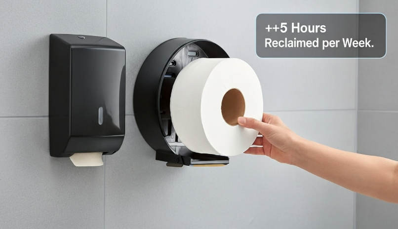 Step-by-step guide to open and replace a commercial jumbo toilet paper dispenser in a restroom