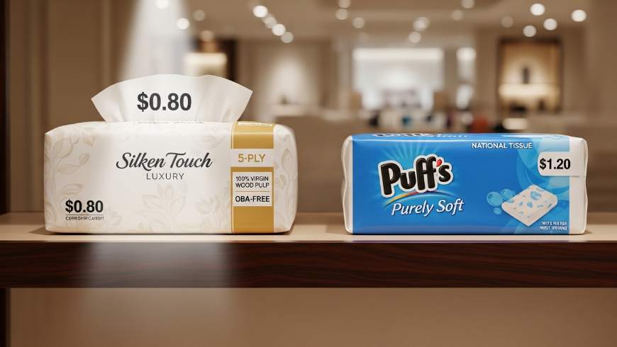 Stacked rolls of private label toilet paper showing branding options for hotels and retailers