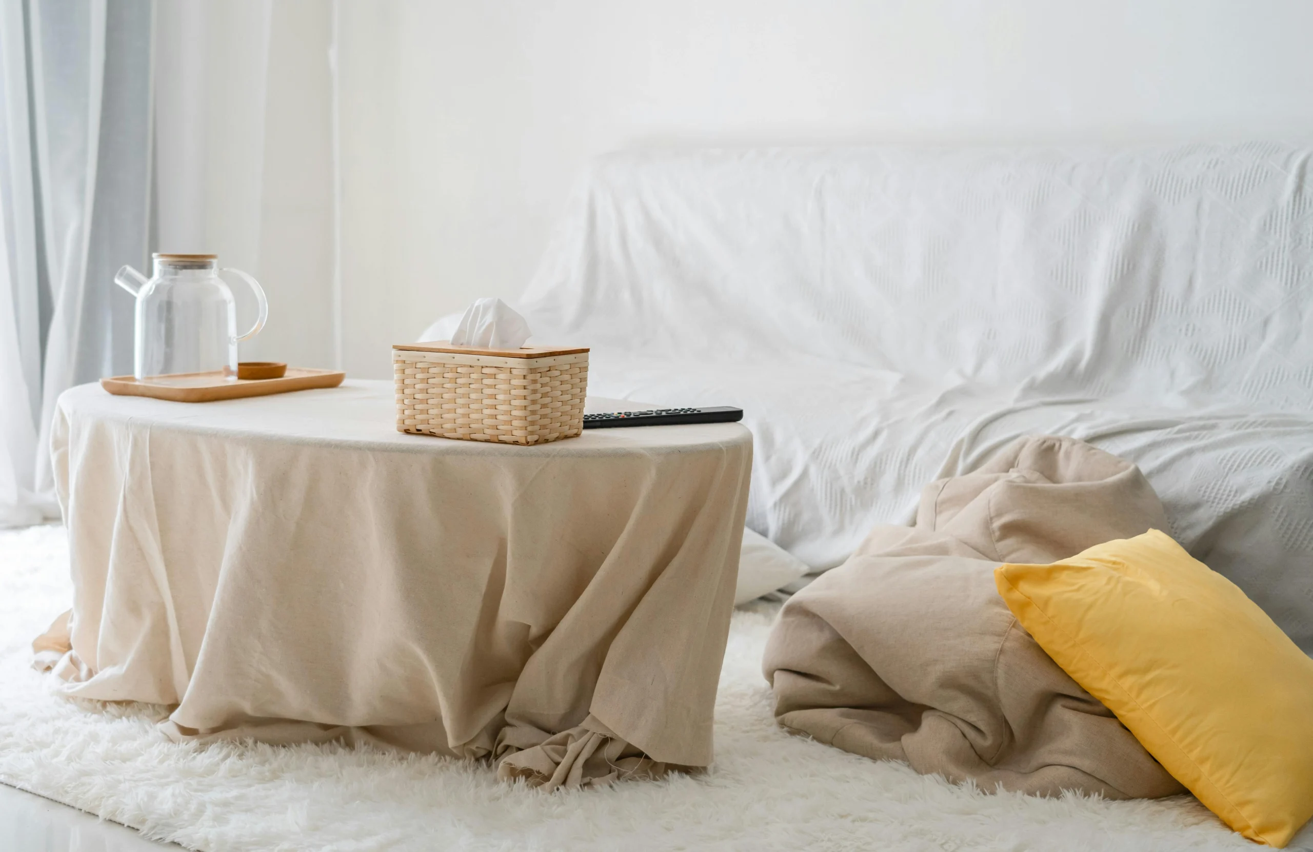 A cozy, minimalist living room featuring neutral tones, soft furnishings, and a covered couch.
