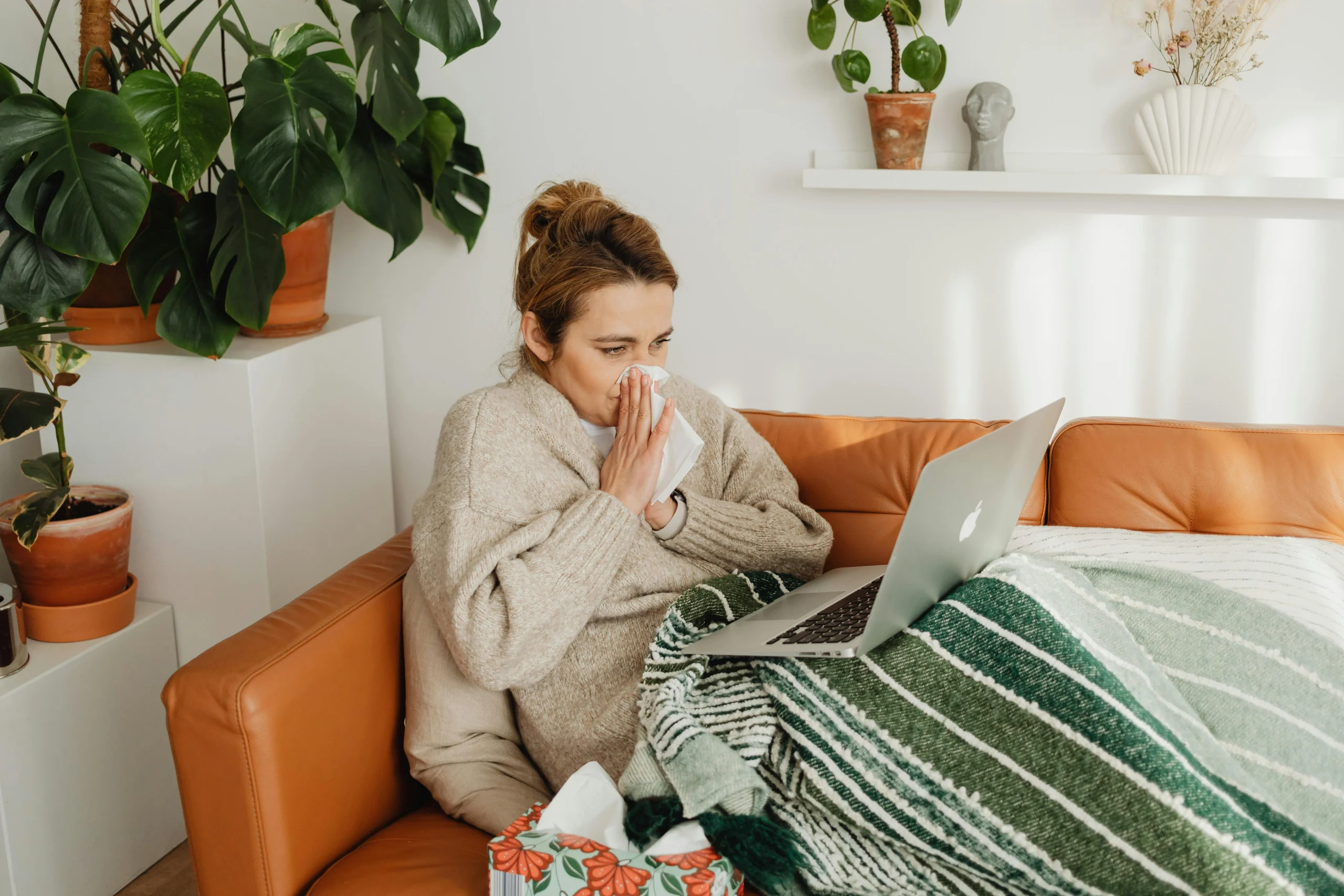 Woman in cozy sweater using laptop on sofa, surrounded by indoor plants, while blowing nose.