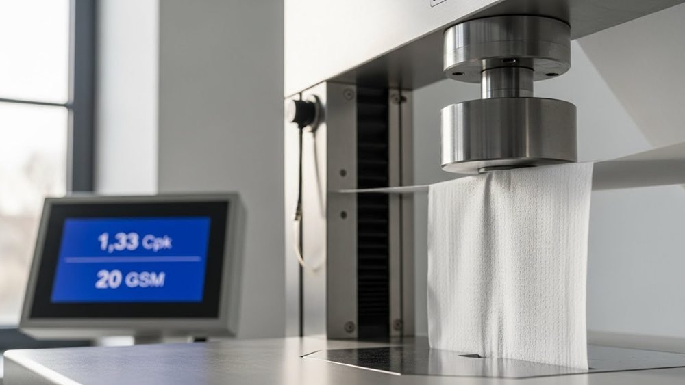 Drop test machine releasing a corrugated shipper during packaging validation for facial tissue cartons