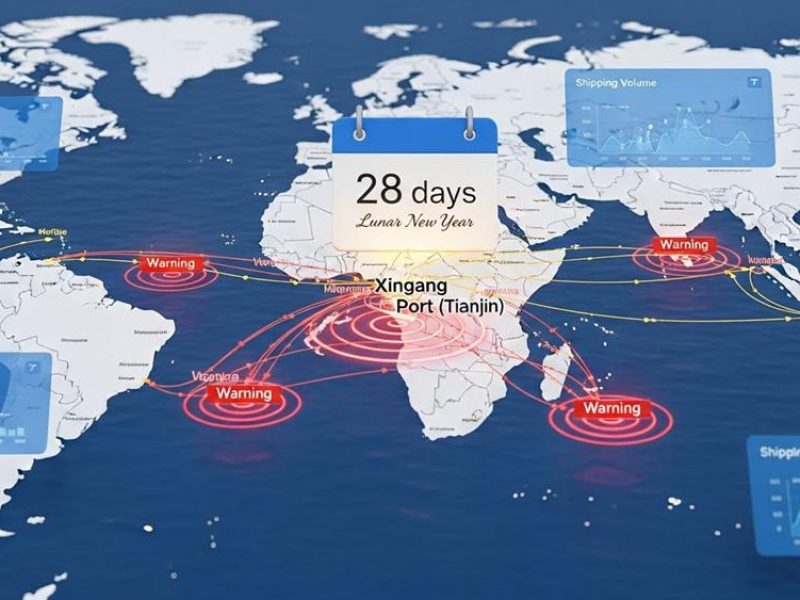 A global shipping map with a focused zoom on a major Chinese port