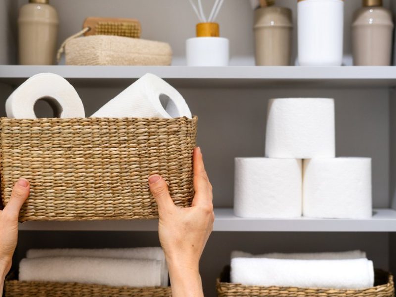 A,Person,Is,Placing,A,Wicker,Basket,Containing,Toilet,Paper