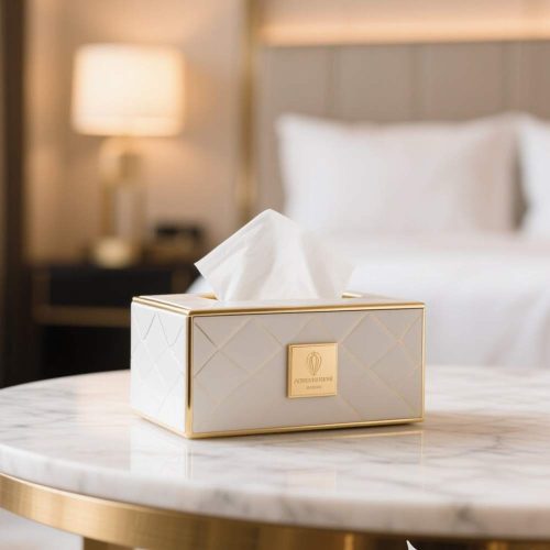 Designer box of luxury tissues placed in a hotel setting