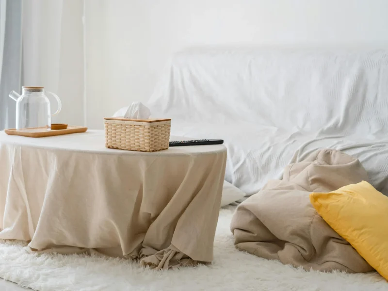 A cozy, minimalist living room featuring neutral tones, soft furnishings, and a covered couch.