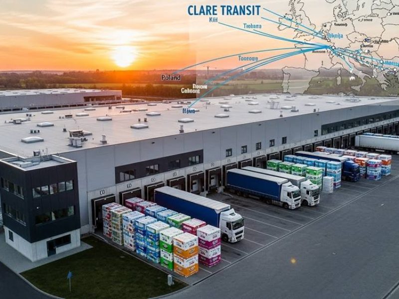a modern logistics hub in Poland at sunset