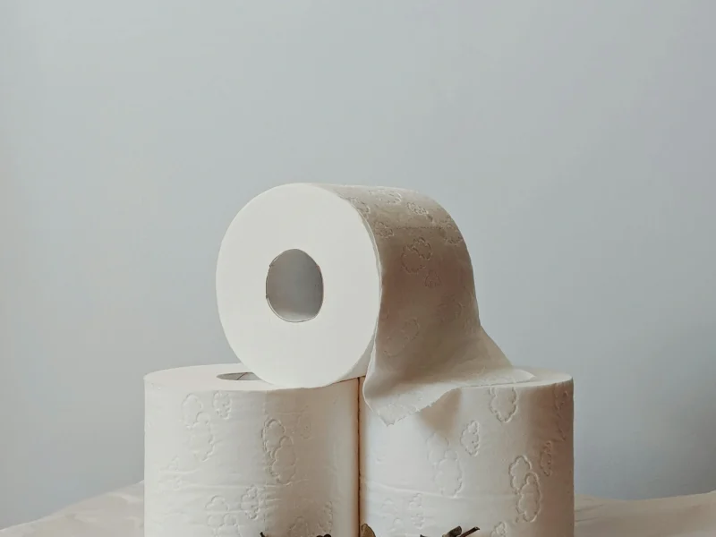 A serene still life showcasing stacked toilet paper rolls with subtle embellishments.