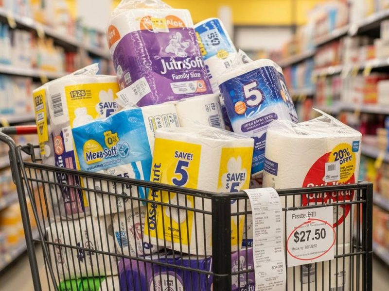 a shopping cart filled with various bulk packs of toilet paper