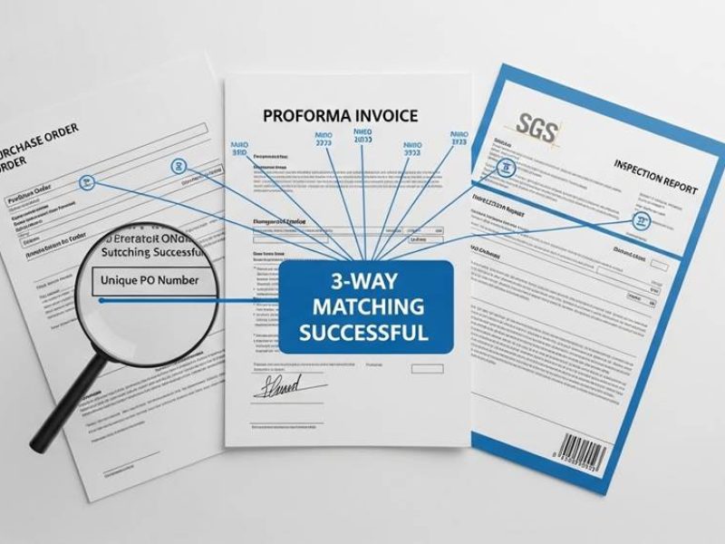 a signed Proforma Invoice, a Purchase Order, and an Inspection Report from SGS