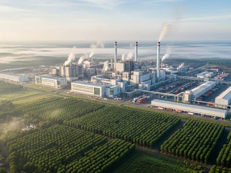 modern integrated pulp and tissue mill complex in the tropical landscape