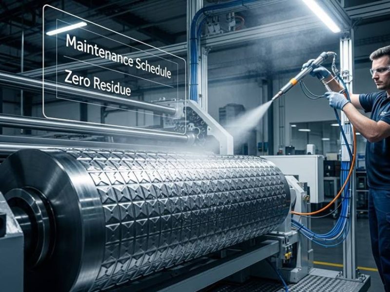 technician using a specialized air-knife system to clean an embossed steel roller