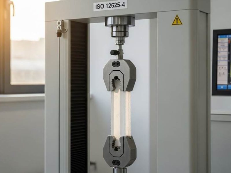 universal testing machine performing an ISO 12625-4 tensile test